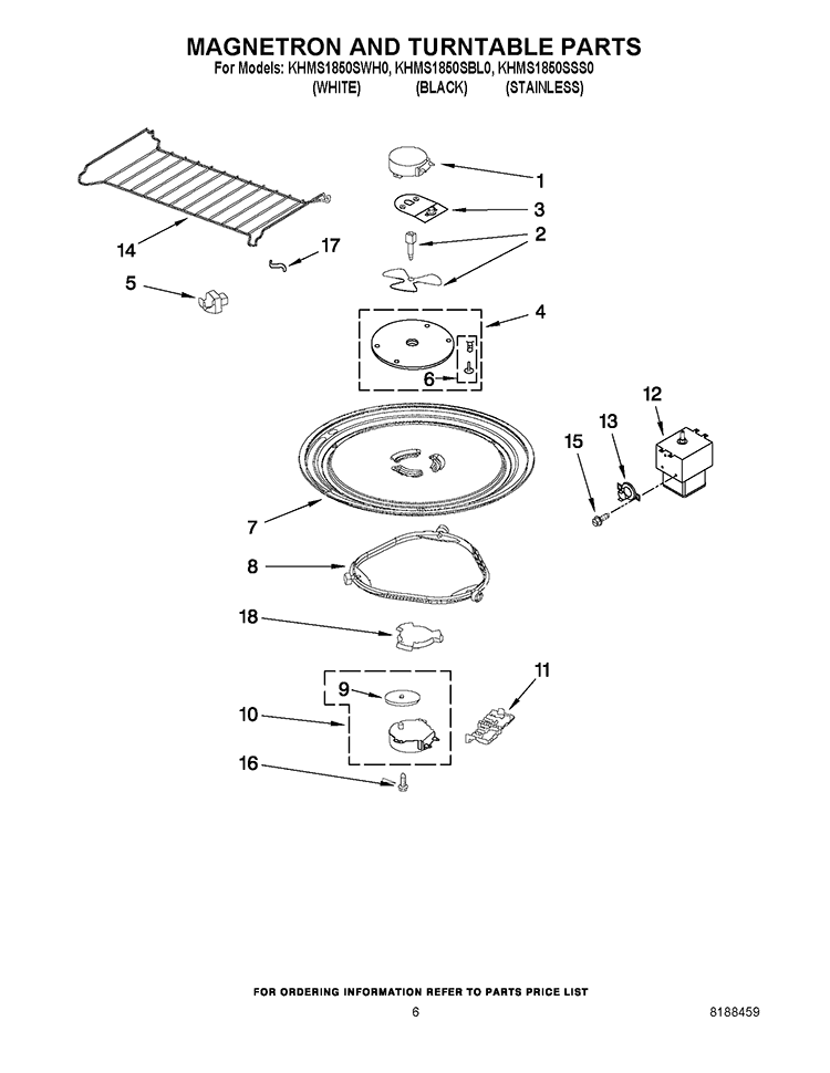 MAGNETRON AND TURNTABLE PARTS Diagram and Parts List for KHMS1850SSS0  KitchenAid Microwave