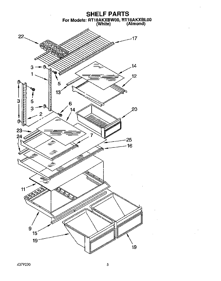 SHELF Diagram and Parts List for RT18AKXBW00  Roper Refrigerator