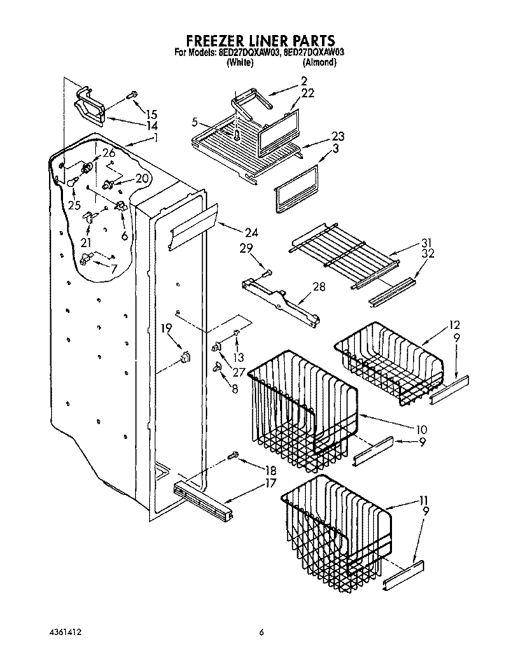 FREEZER LINER Diagram and Parts List for 8ED27DQXAN03  Whirlpool Refrigerator