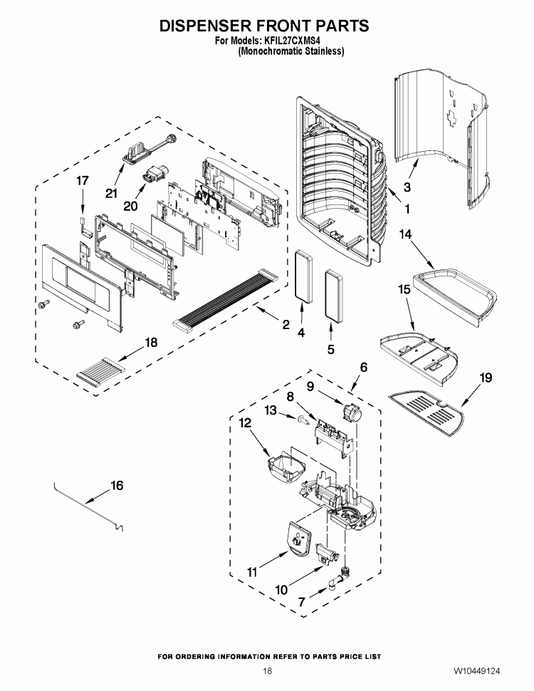 DISPENSER FRONT PARTS Diagram and Parts List for KFIL27CXMS4  KitchenAid Refrigerator