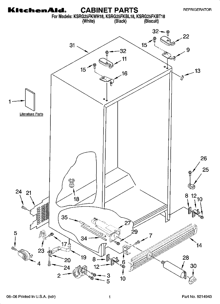 CABINET PARTS Diagram and Parts List for KSRG25FKBL18  KitchenAid Refrigerator