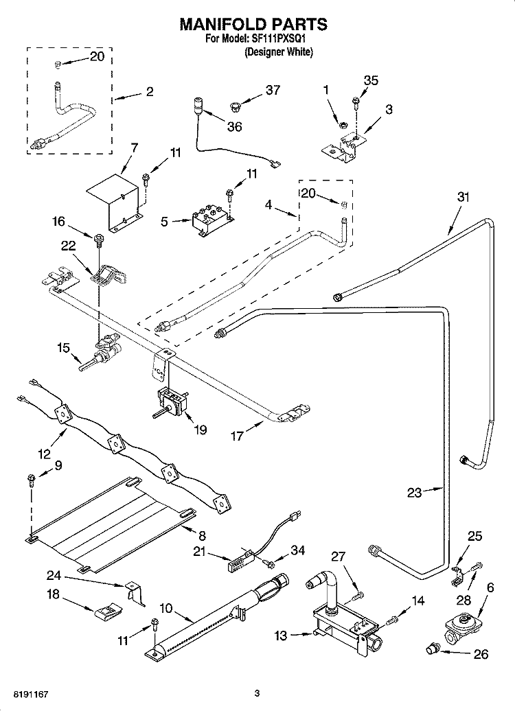 MANIFOLD PARTS Diagram and Parts List for SF111PXSQ1  Whirlpool Range