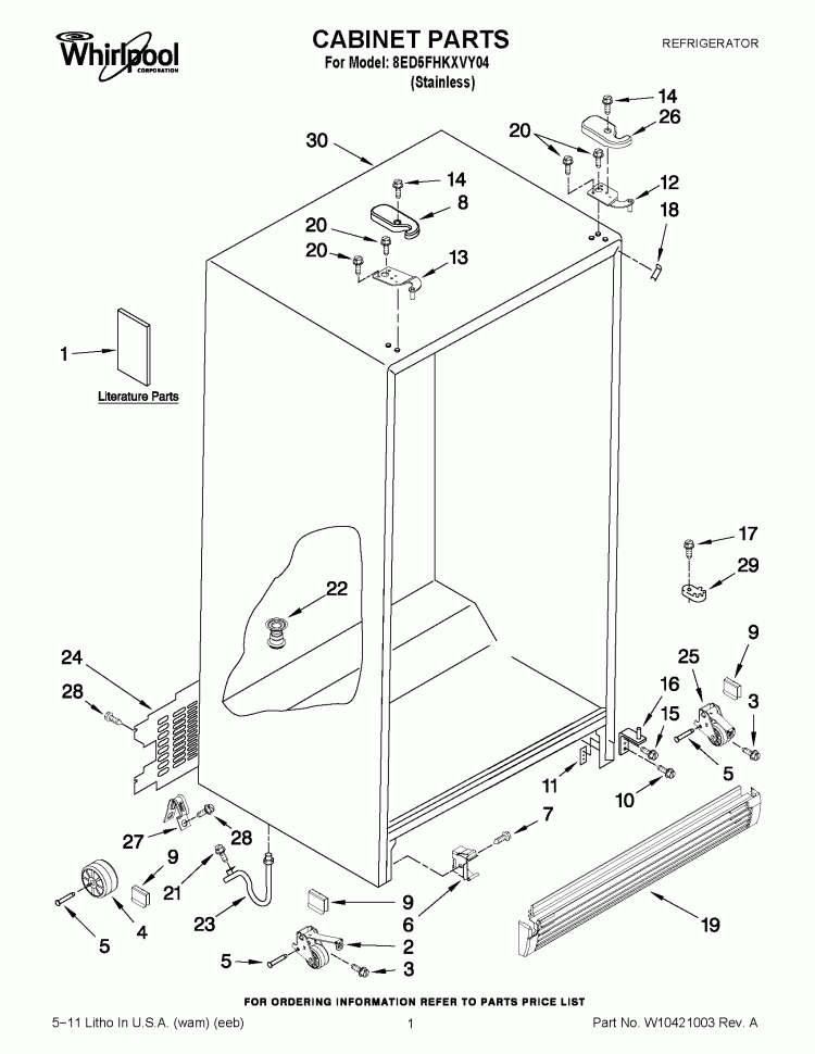 CABINET PARTS Diagram and Parts List for 8ED5FHKXVY04  Whirlpool Refrigerator