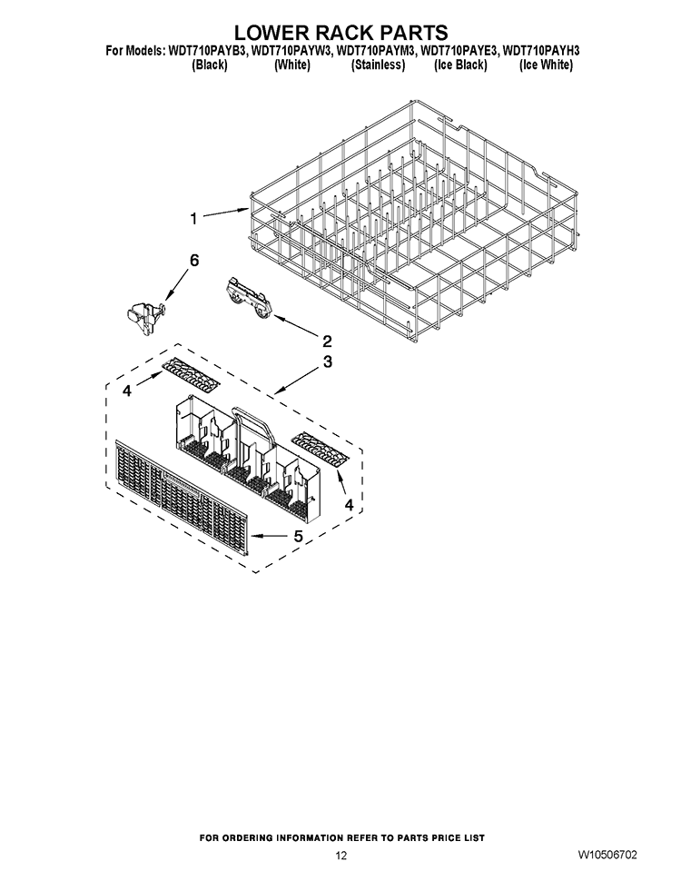 LOWER RACK PARTS Diagram and Parts List for WDT710PAYB3  Whirlpool Dishwasher