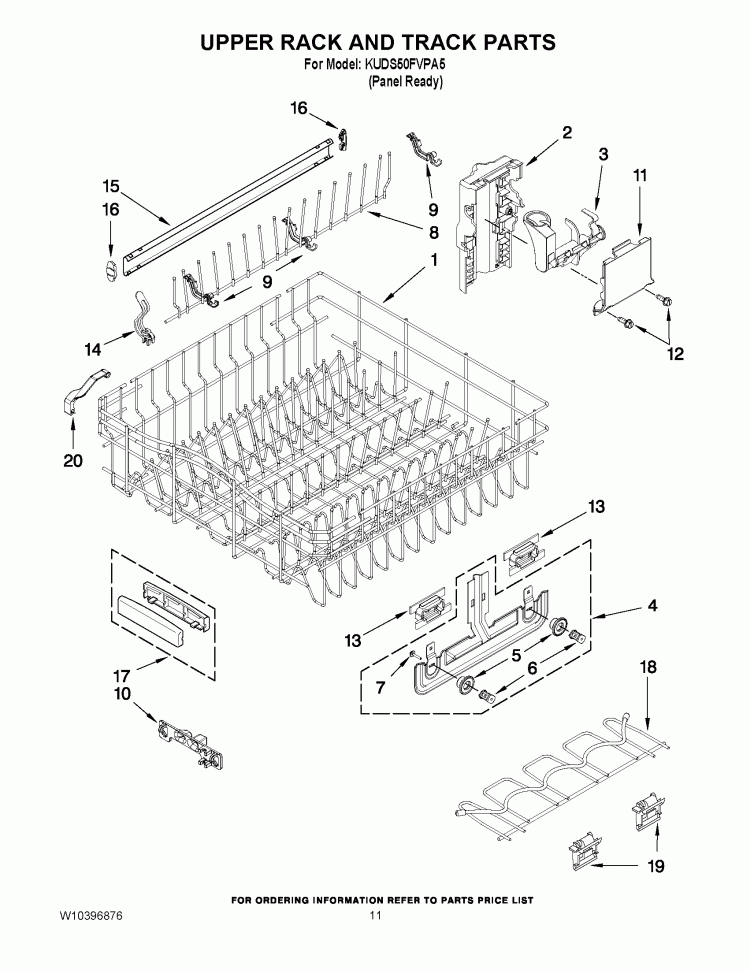 UPPER RACK AND TRACK PARTS Diagram and Parts List for KUDS50FVPA5  KitchenAid Dishwasher
