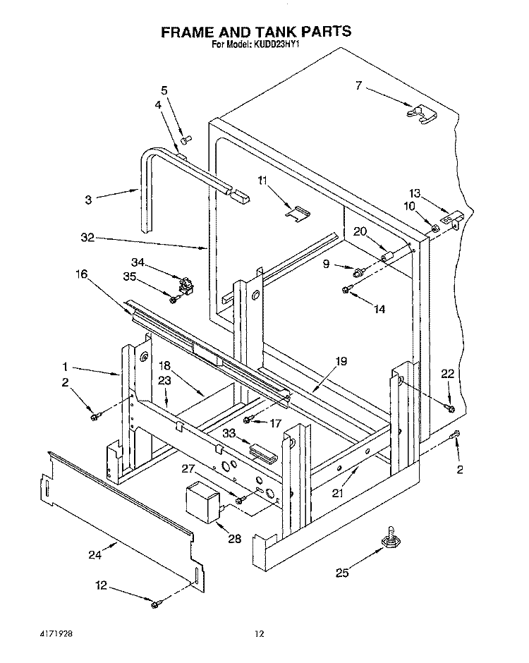 FRAME AND TANK Diagram and Parts List for KUDD23HY1  KitchenAid Dishwasher
