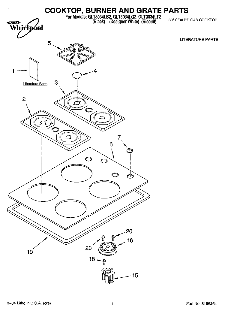 COOKTOP, BURNER AND GRATE PARTS Diagram and Parts List for GLT3034LB2  Whirlpool Cooktop