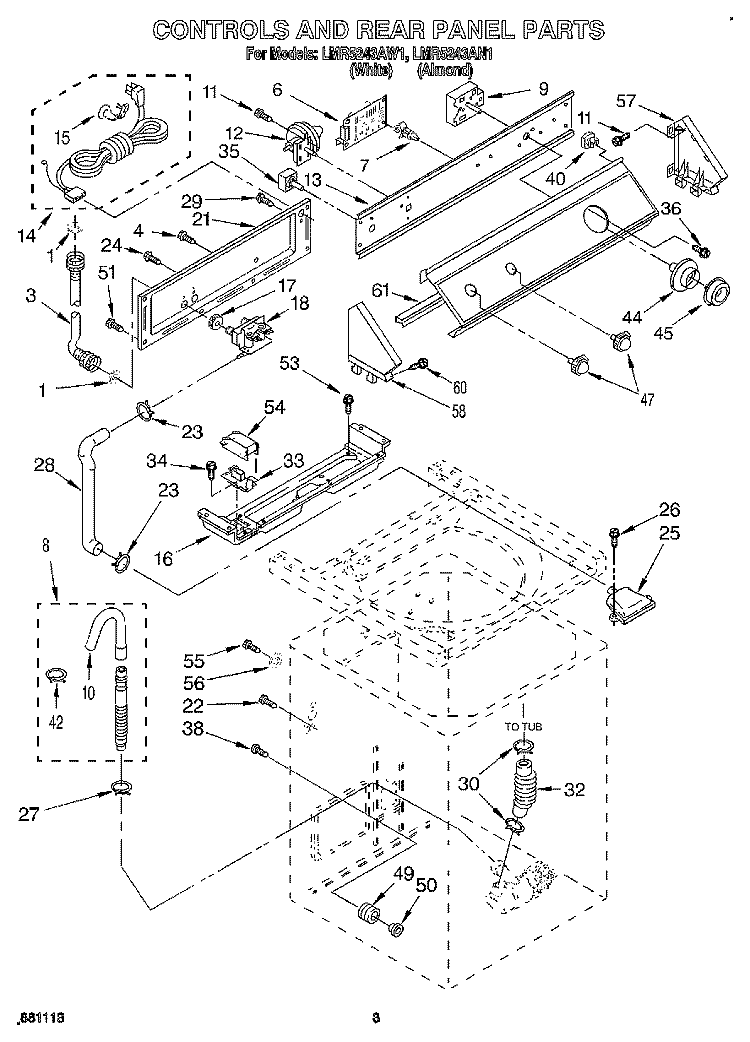 CONTROLS AND REAR PANEL Diagram and Parts List for LMR5243AN1  Whirlpool Washer