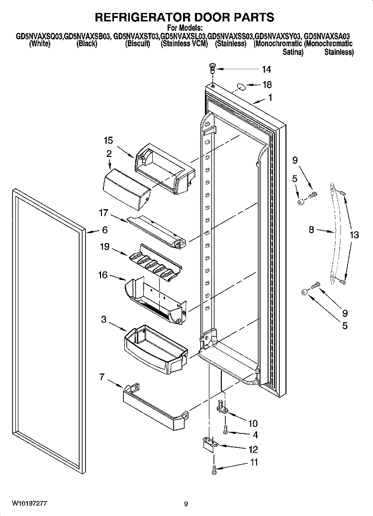 REFRIGERATOR DOOR PARTS Diagram and Parts List for GD5NVAXSB03  Whirlpool Refrigerator