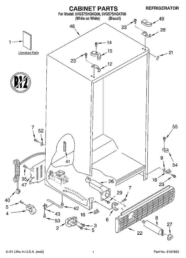 CABINET, LITERATURE Diagram and Parts List for 5VGS7SHGKT00  Whirlpool Refrigerator
