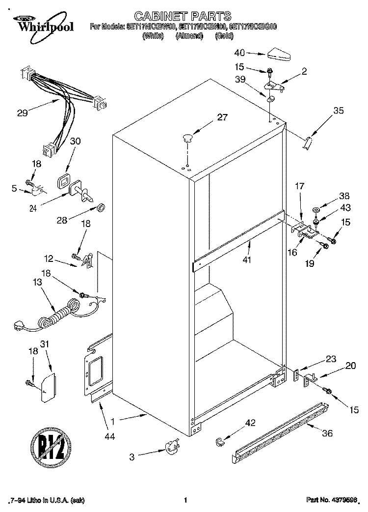 CABINET Diagram and Parts List for 8ET17NKXBW00  Whirlpool Refrigerator