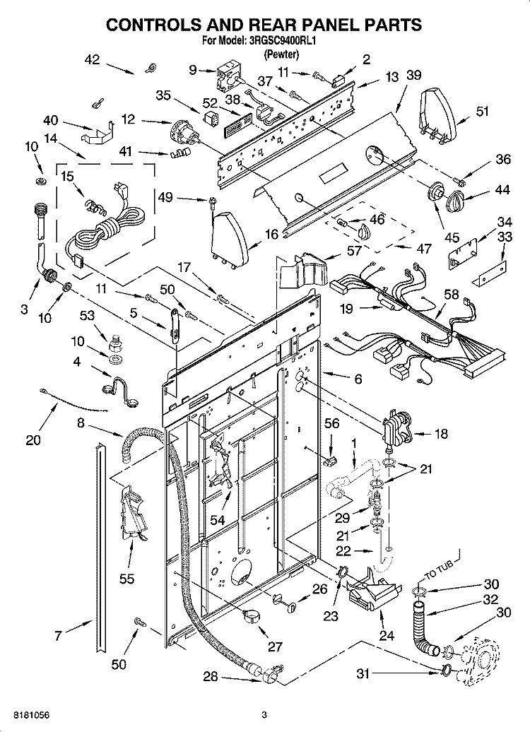 CONTROLS AND REAR PANEL PARTS Diagram and Parts List for 3RGSC9400RL1  Whirlpool Washer