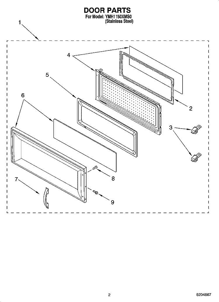 DOOR PARTS Diagram and Parts List for YMH1150XMS0  Whirlpool Microwave
