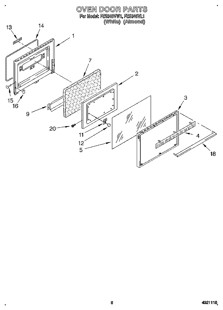 OVEN DOOR Diagram and Parts List for FES340VW1  Roper Range