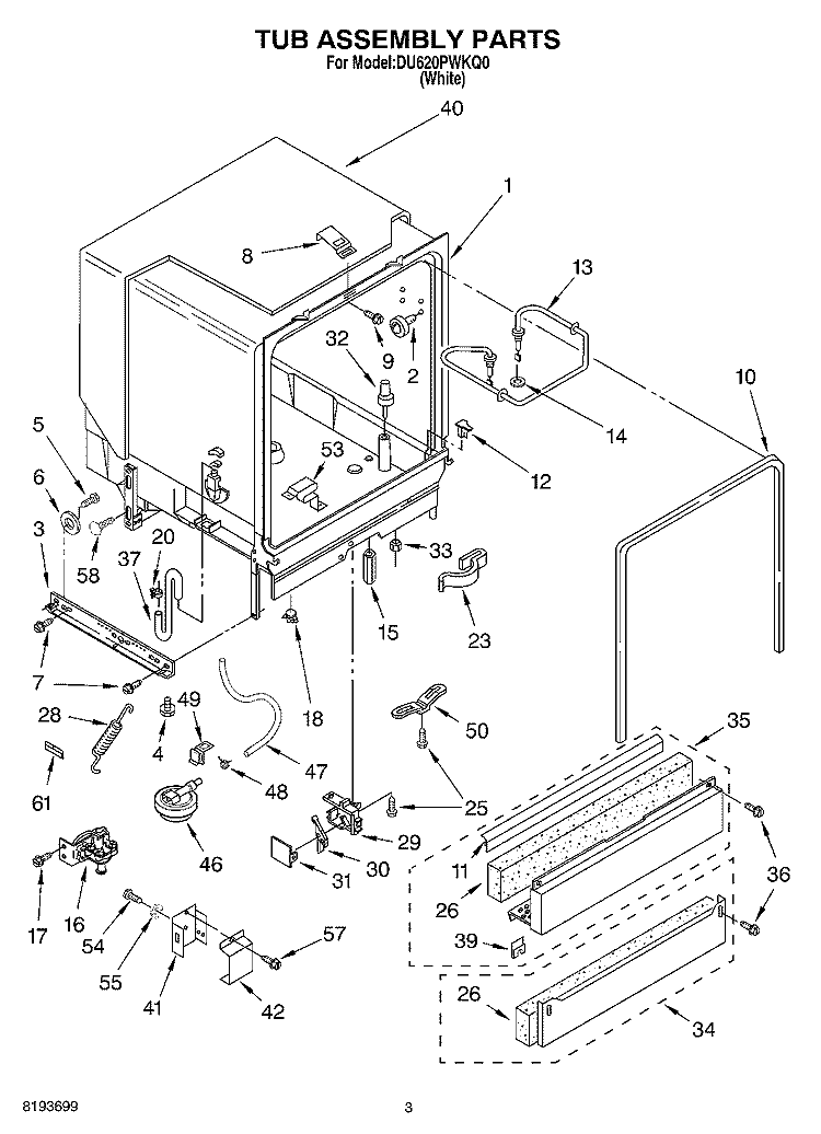 TUB ASSEMBLY Diagram and Parts List for DU620PWKQ0  Whirlpool Dishwasher