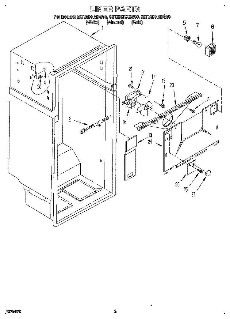 LINER Diagram and Parts List for 8ET20DKXBN00  Whirlpool Refrigerator