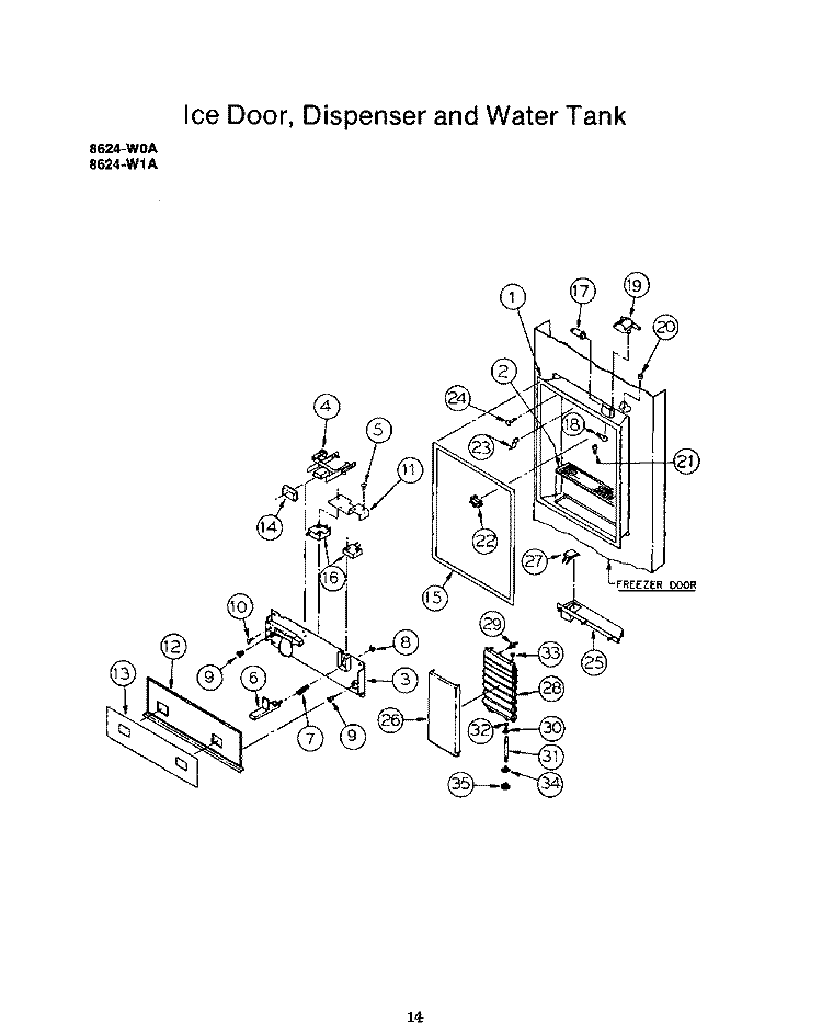 ICE DOOR, DISPENSER AND WATER TANK Diagram and Parts List for 8624W0A  Roper Refrigerator