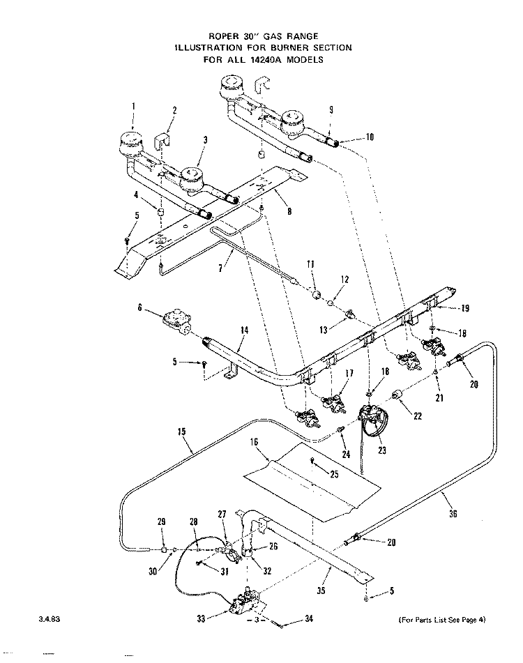 BODY Diagram and Parts List for 1424W0A  Roper Range