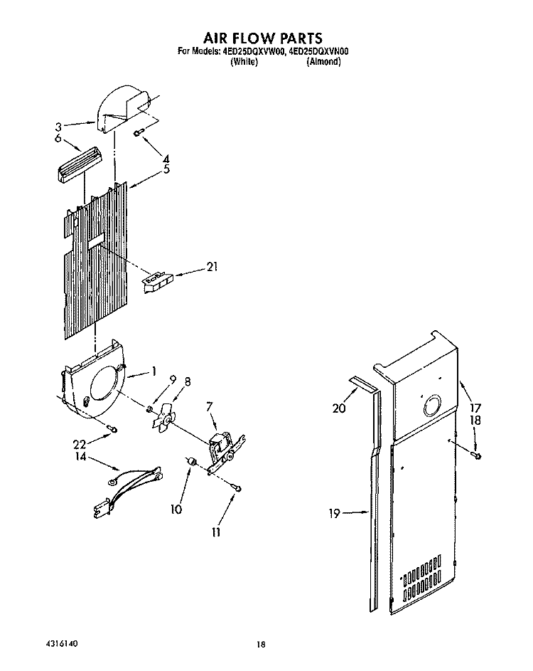 AIR FLOW Diagram and Parts List for 4ED25DQXVN00  Whirlpool Refrigerator