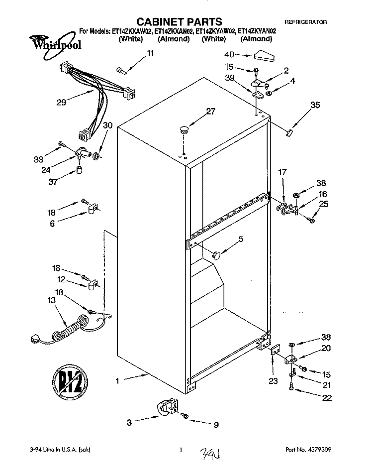 CABINET Diagram and Parts List for ET14ZKXAN02  Whirlpool Refrigerator