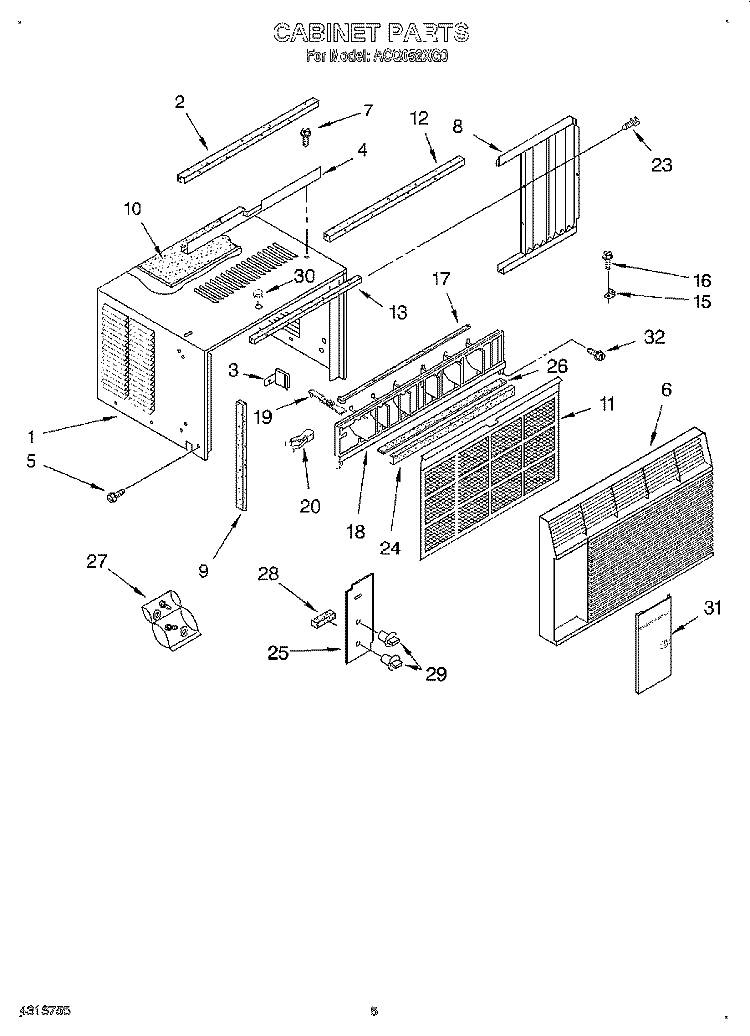 CABINET Diagram and Parts List for ACQ052XG0  Whirlpool Air Conditioner