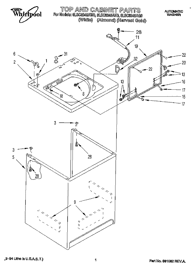 TOP AND CABINET, LIT/OPTIONAL Diagram and Parts List for 8LSC8245AW0  Whirlpool Washer