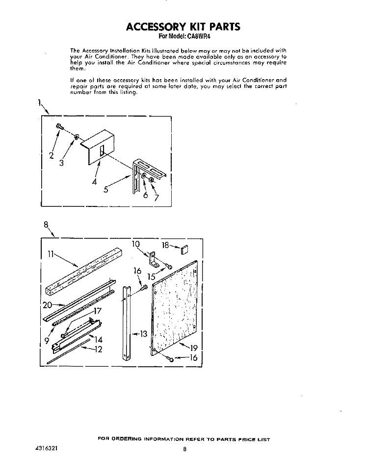 ACCESSORY KIT Diagram and Parts List for CA8WR4  Crosley Air Conditioner
