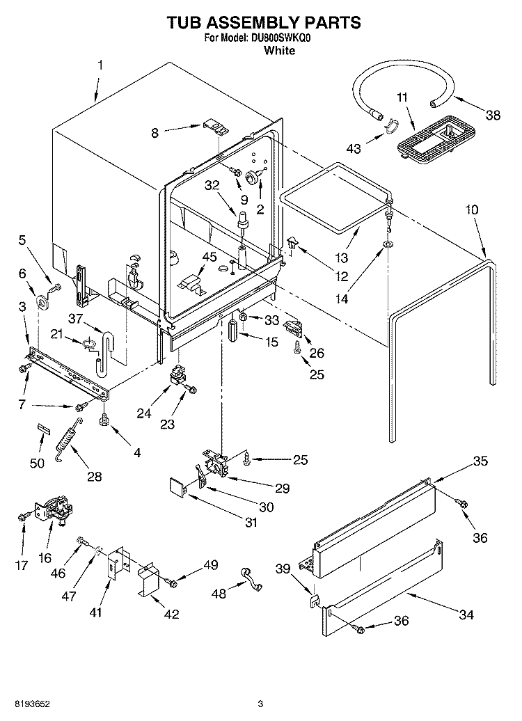 TUB ASSEMBLY Diagram and Parts List for DU800SWKQ0  Whirlpool Dishwasher