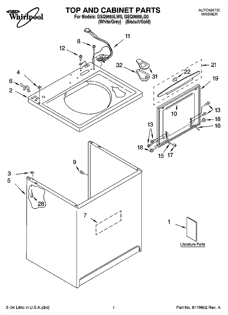 TOP AND CABINET PARTS Diagram and Parts List for GSQ9669LG0  Whirlpool Washer