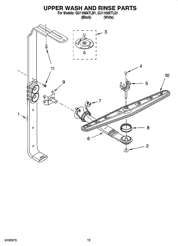 UPPER WASH AND RINSE PARTS Diagram and Parts List for GU1108XTLB1  Whirlpool Dishwasher