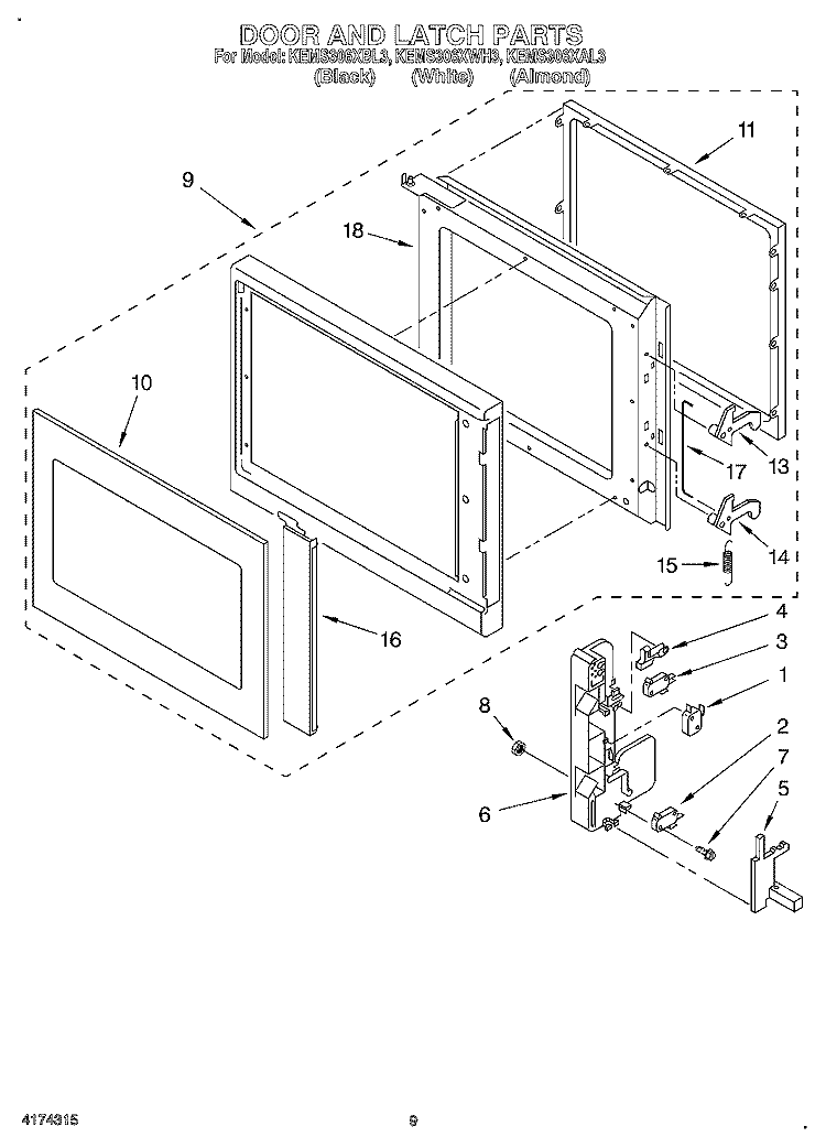 DOOR AND LATCH Diagram and Parts List for KEMS306XBL3  KitchenAid Wall Oven