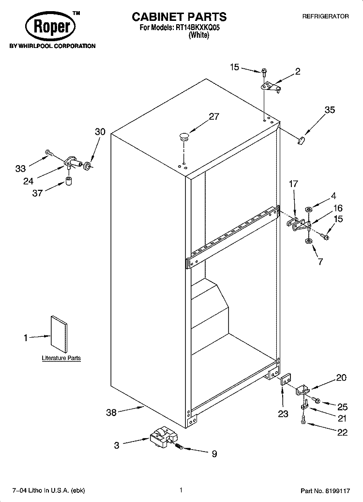 CABINET PARTS Diagram and Parts List for RT14BKXKQ05  Roper Refrigerator