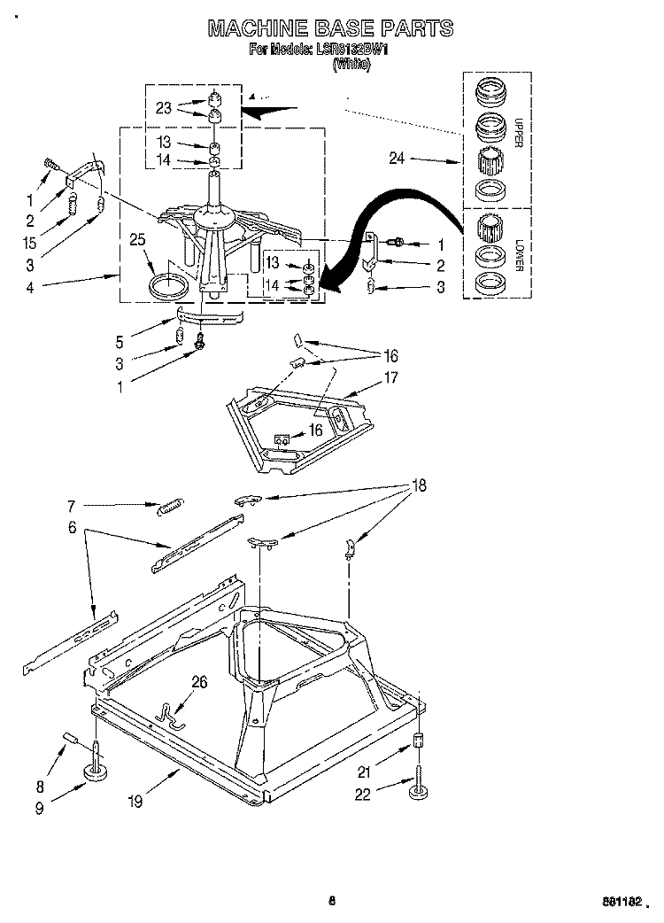 MACHINE BASE Diagram and Parts List for LSR6132BW1  Whirlpool Washer