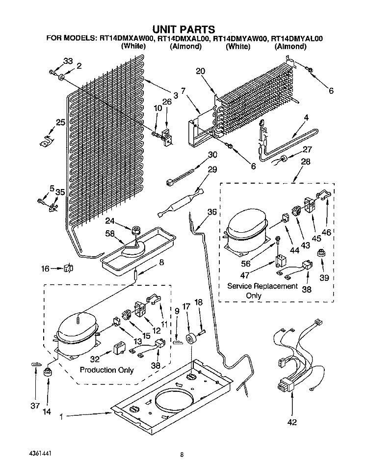 UNIT Diagram and Parts List for RT14DMYAW00  Roper Refrigerator