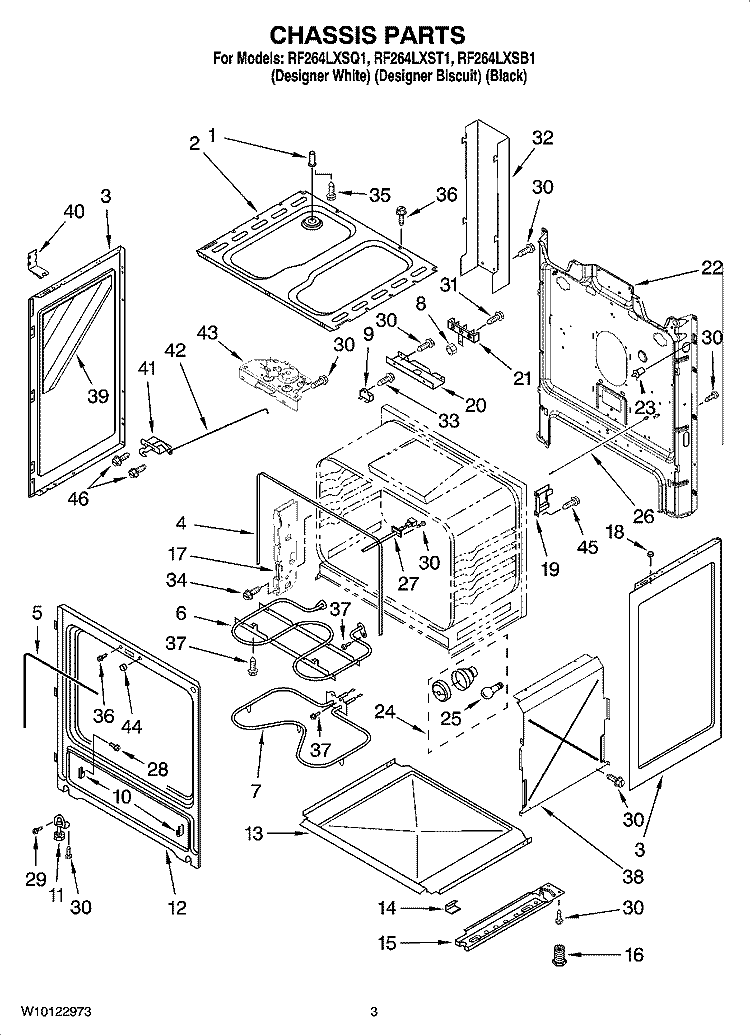 CHASSIS PARTS Diagram and Parts List for RF264LXSQ1  Whirlpool Range