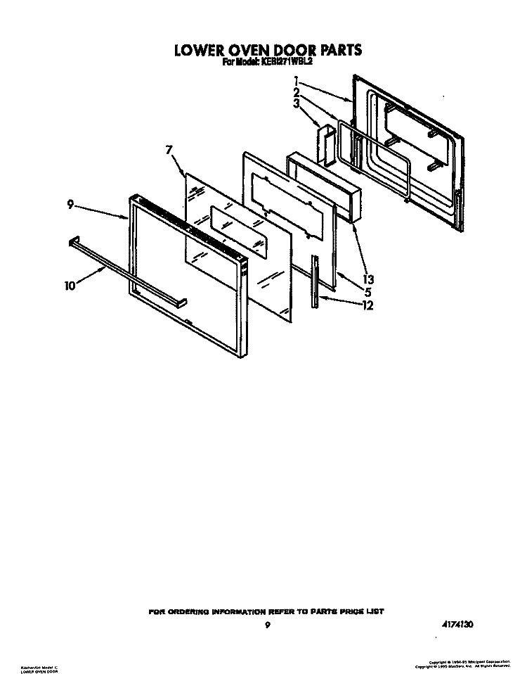 LOWER OVEN DOOR Diagram and Parts List for KEBI271WBL2  KitchenAid Wall Oven