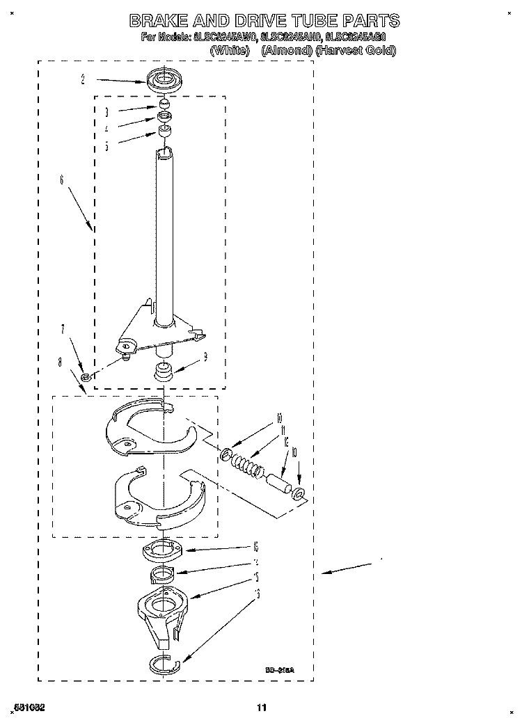 BRAKE AND DRIVE TUBE Diagram and Parts List for 8LSC8245AW0  Whirlpool Washer