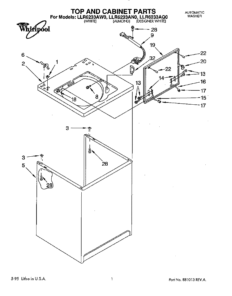 TOP AND CABINET, LIT/OPTIONAL Diagram and Parts List for LLR6233AN0  Whirlpool Washer