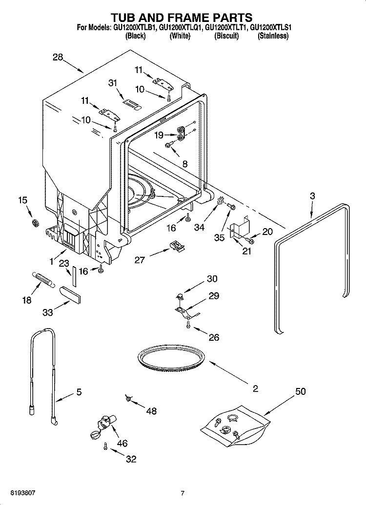 TUB AND FRAME PARTS Diagram and Parts List for GU1200XTLB1  Whirlpool Dishwasher