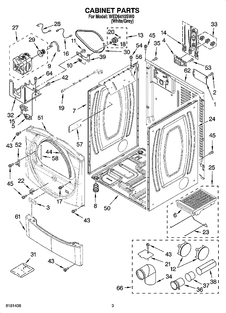CABINET PARTS Diagram and Parts List for WED8410SW0  Whirlpool Dryer