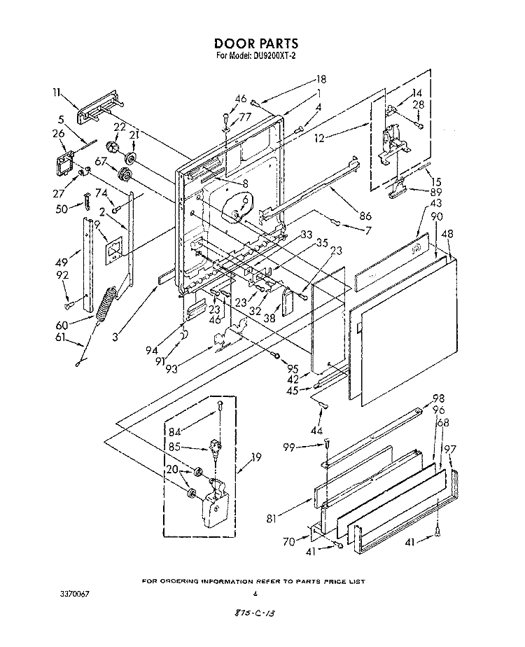 DOOR Diagram and Parts List for DU9200XT2  Whirlpool Dishwasher