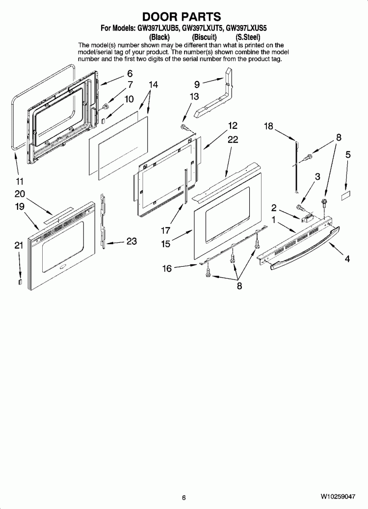 DOOR PARTS Diagram and Parts List for GW397LXUT5  Whirlpool Range