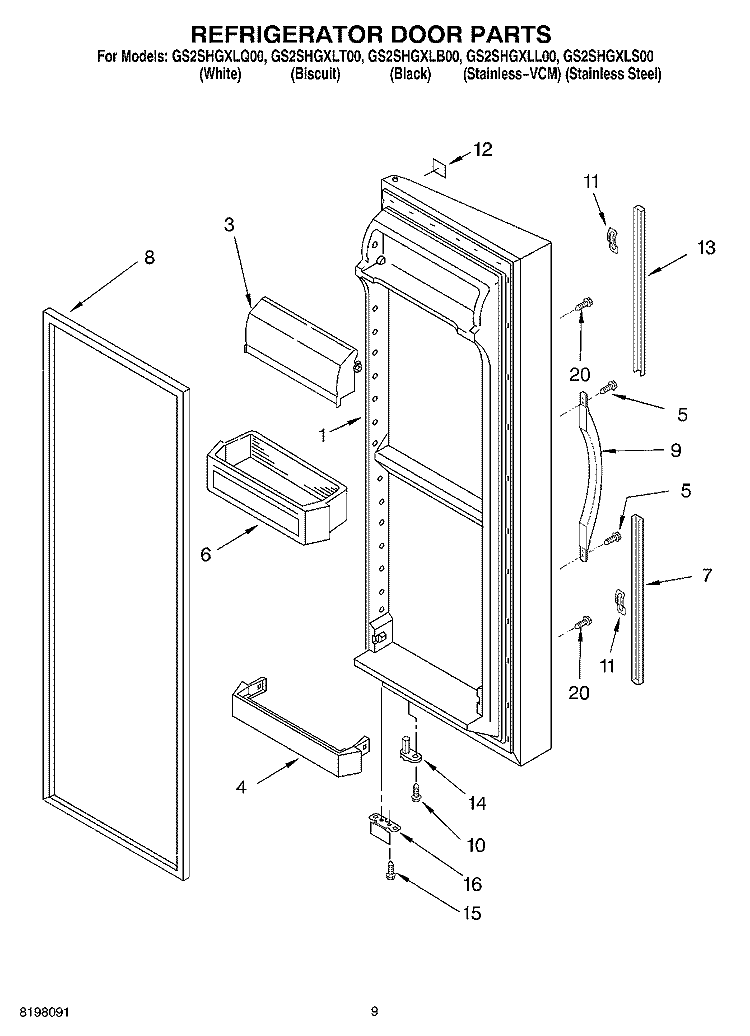 REFRIGERATOR DOOR Diagram and Parts List for GS2SHGXLQ00  Whirlpool Refrigerator