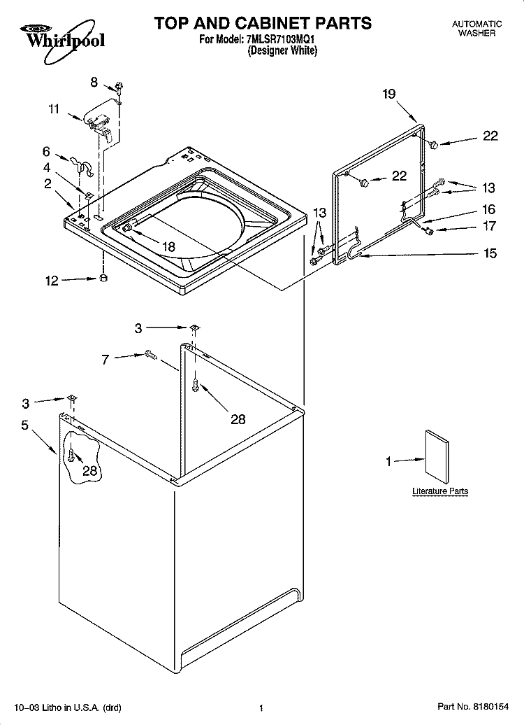TOP AND CABINET PARTS Diagram and Parts List for 7MLSR7103MQ1  Whirlpool Washer