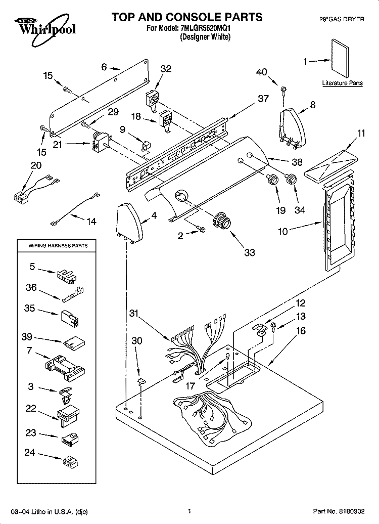 TOP AND CONSOLE PARTS Diagram and Parts List for 7MLGR5620MQ1  Whirlpool Dryer