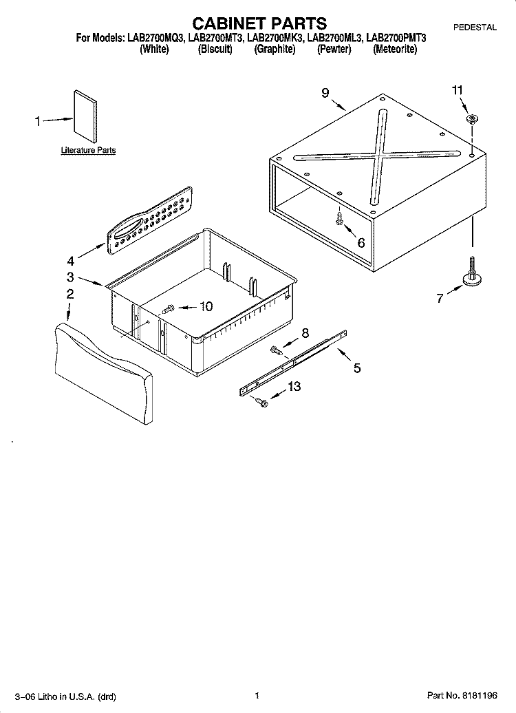 CABINET PARTS Diagram and Parts List for LAB2700ML3  Whirlpool Laundry Accessories