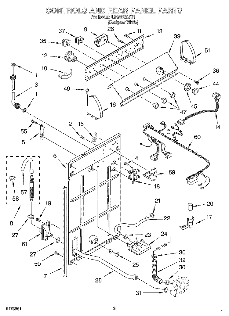 CONTROLS AND REAR PANEL Diagram and Parts List for LSQ8520JQ1  Whirlpool Washer