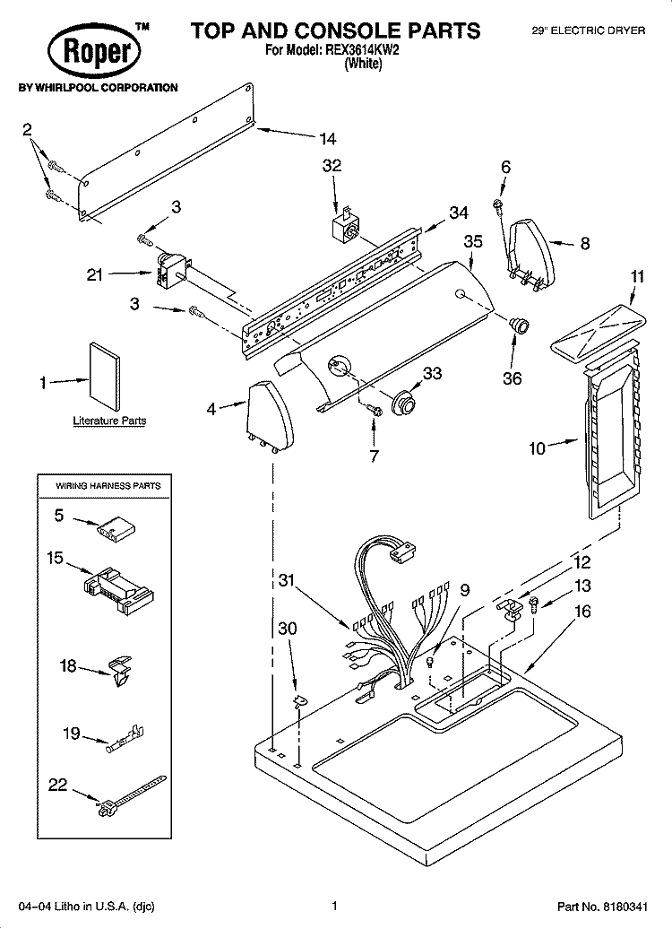TOP AND CONSOLE PARTS OPTIONAL PARTS (NOT INCLUDED) Diagram and Parts List for REX3614KW2  Roper Dryer
