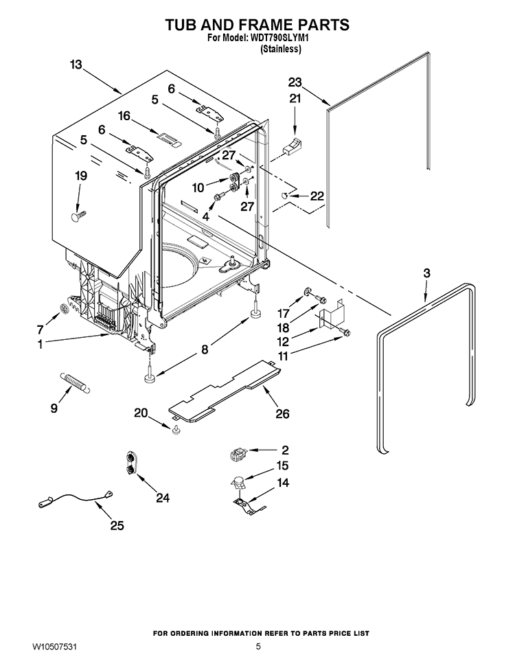 TUB AND FRAME PARTS Diagram and Parts List for WDT790SLYM1  Whirlpool Dishwasher