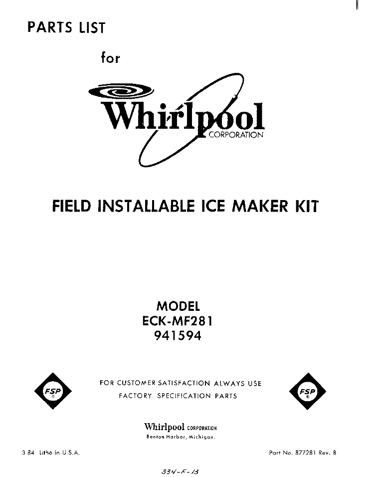 SECTION Diagram and Parts List for ECKMF281  Whirlpool Ice Maker